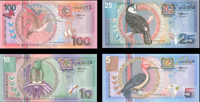 Suriname - 5, 10, 25, 100 Gulden - 2000 dated Foreign Paper Money